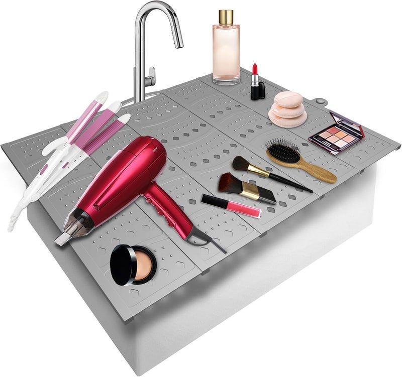 Mofason Bathroom Sink Top Cover Space Saver,Silicone Makeup Organizer Mat for Over Countertop,Small Bathroom Must Haves Accessories Rv Camper Travel Foldable Gadgets-Grey - Image 1